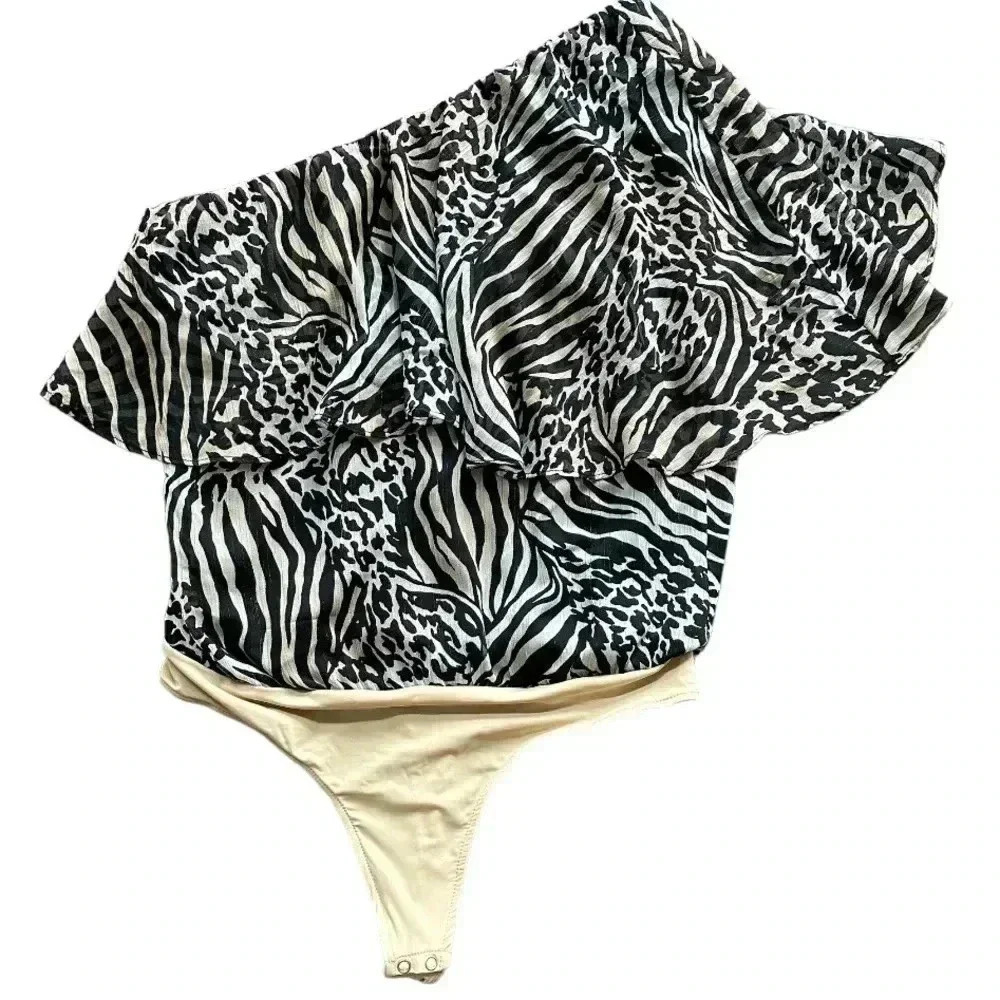 Womens Zebra Leopard Animal Print One‎ Shoulder Ruffled MobWife Glam Bodysuit M